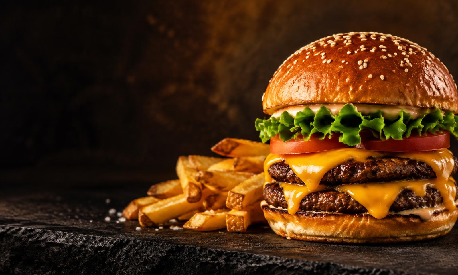 Hambúrguer artesanal com cheddar e batatas fritas